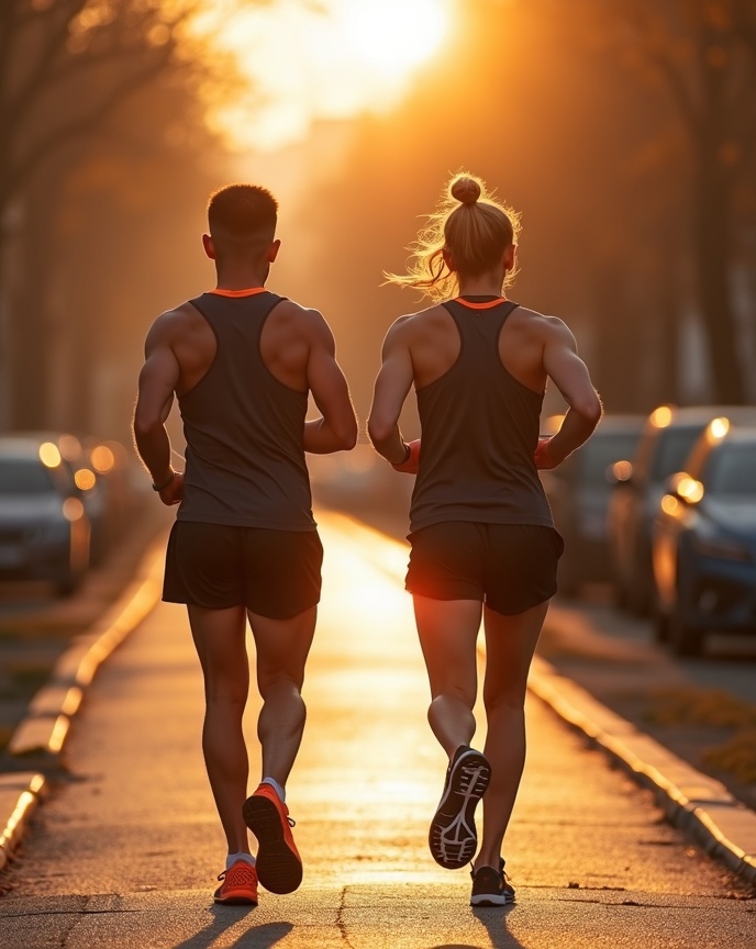 Two runners on a trail at golden hour